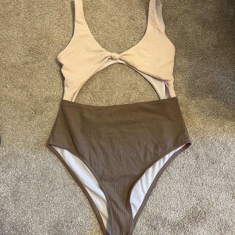 Cream and Brown Bikini with Modern Cutout Design